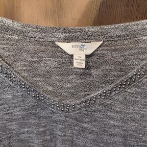 Terra & Sky Gray Beaded Neckline Long Sleeve Top